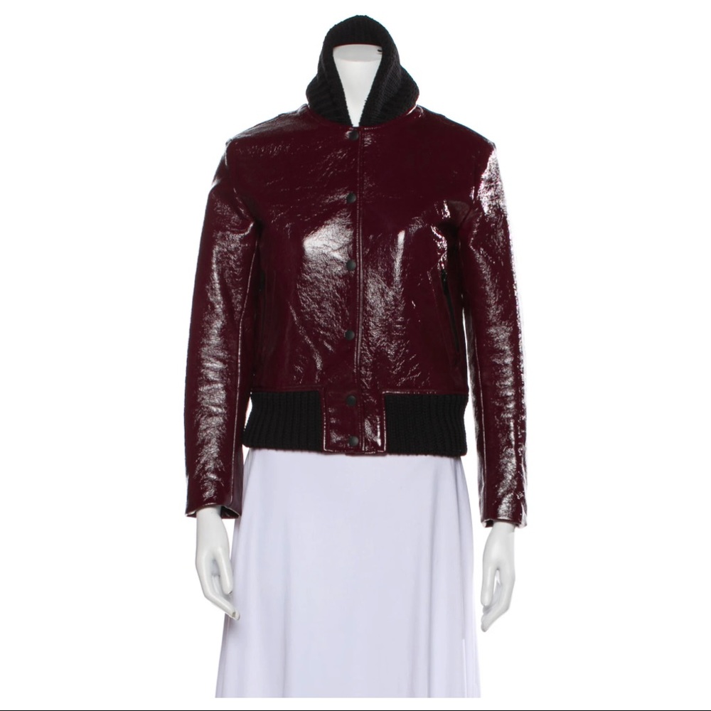 RAG & BONE Bomber Jacket in Patent Burgundy with Wool Details